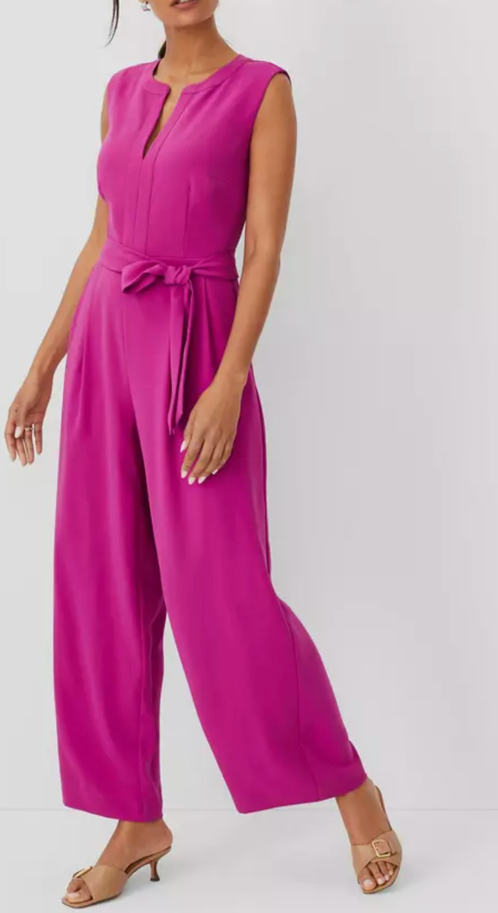 NEW ANN TAYLOR MAGENTA SHADOW SPLIT NECK SLEEVELESS TIE WAIST JUMPSUIT SZ 10